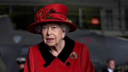 Queen Elizabeth II during a visit to HMS Queen Elizabeth at HM Naval Base ahead of the ship's maiden deployment on May 22, 2021 in Portsmouth, England