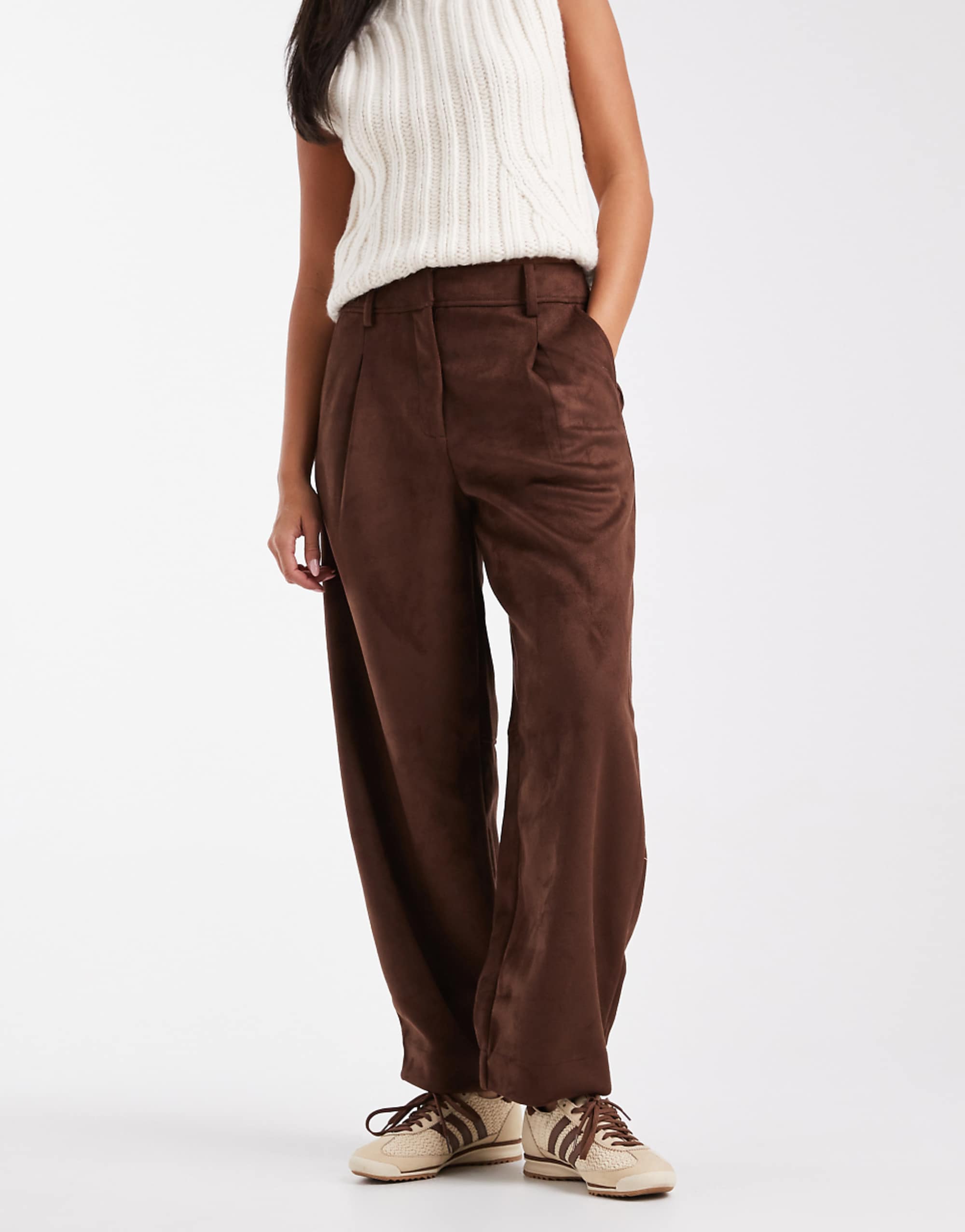 Asos Design Suedette Barrel Leg Pants in Dark Brown