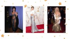 A composite image of some of the best Oscars red carpet looks of all time, featuring Cher, Zendaya and Daryl Hannah.