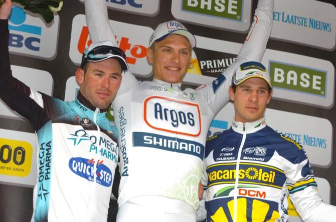 2013 Scheldeprijs podium (L-R): Mark Cavendish, 2nd; Marcel Kittel, 1st; Barry Markus, 3rd