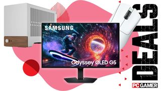 PC case, monitor, and mouse on an abstract pink background