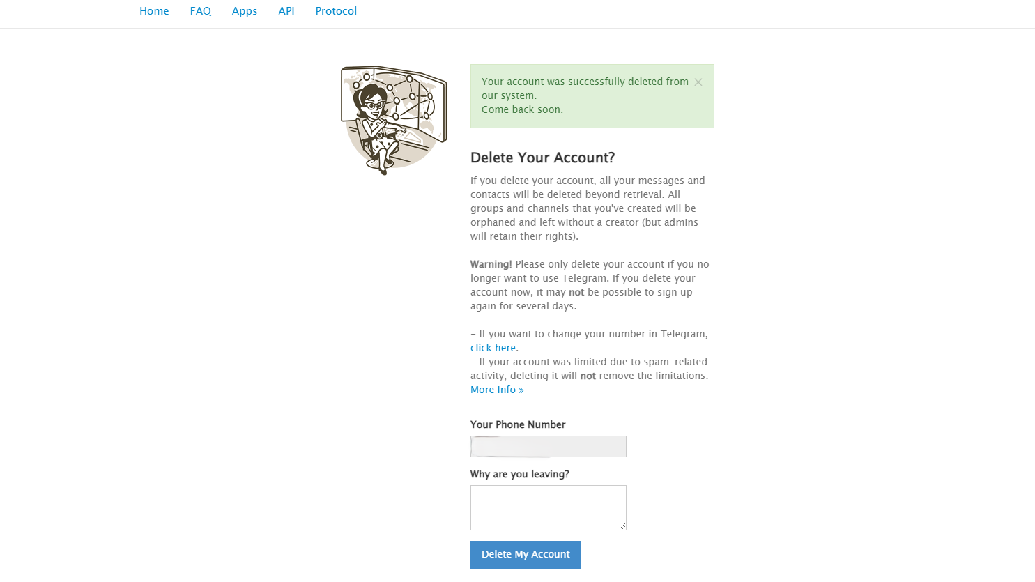 A long warning on Telegram's account deletion screen on desktop