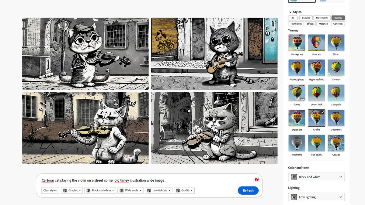 Adobe Firefly options panel black and white cats.