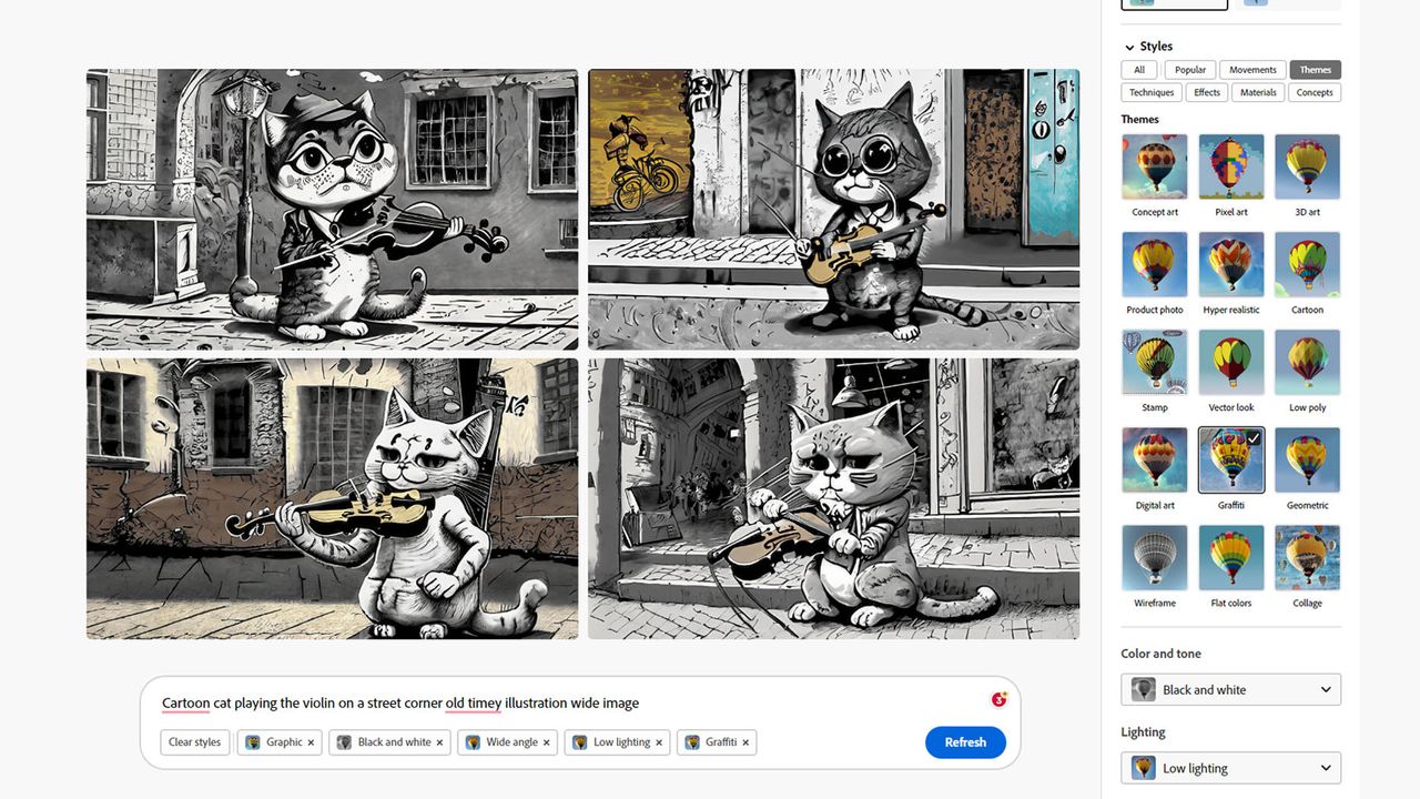 Adobe Firefly options panel black and white cats.