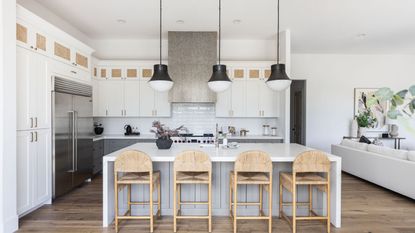 Gloss metro tile in large white kitchen