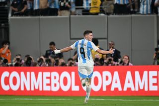 Argentina 2024 Olympics squad ulian Alvarez #9 of Argentina celebrates after scoring during the first half of the semi-final match between Canada and Argentina in the CONMEBOL Copa America USA 2024 at MetLife Stadium on July 09, 2024 in East Rutherford, New Jersey. (Photo by Robin Alam/ISI Photos/Getty Images)