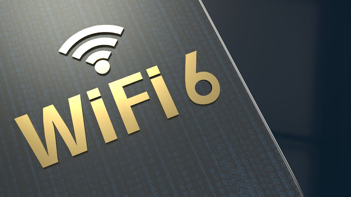 Visual representation of the Wi-Fi 6 technology as a metallic logo 