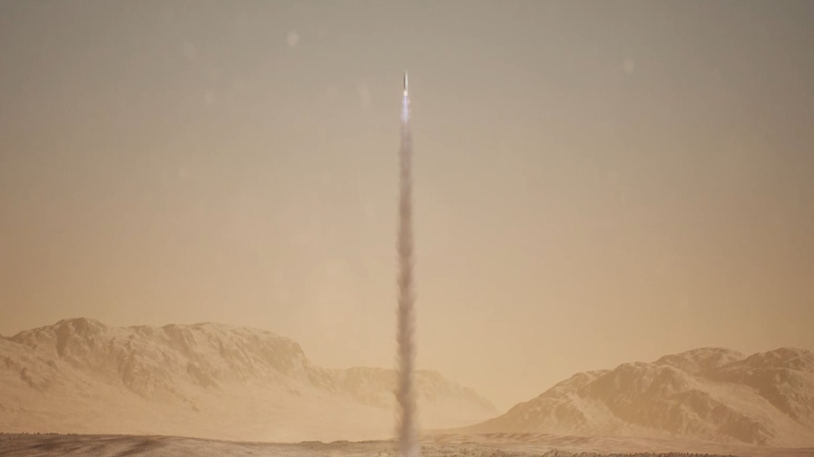 A metal rocket launches off the surface of Mars