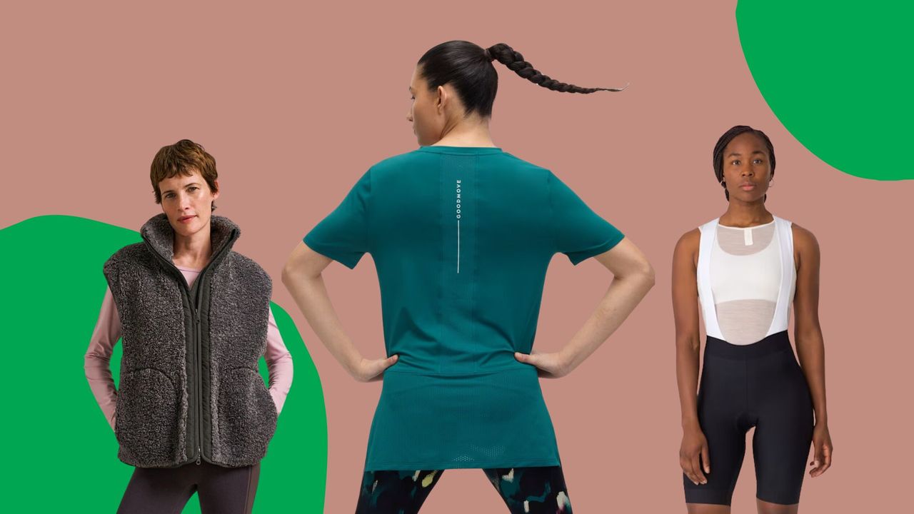 A collection of modelled clothes from British sportswear brands, including BAM, M&amp;S and Rapha