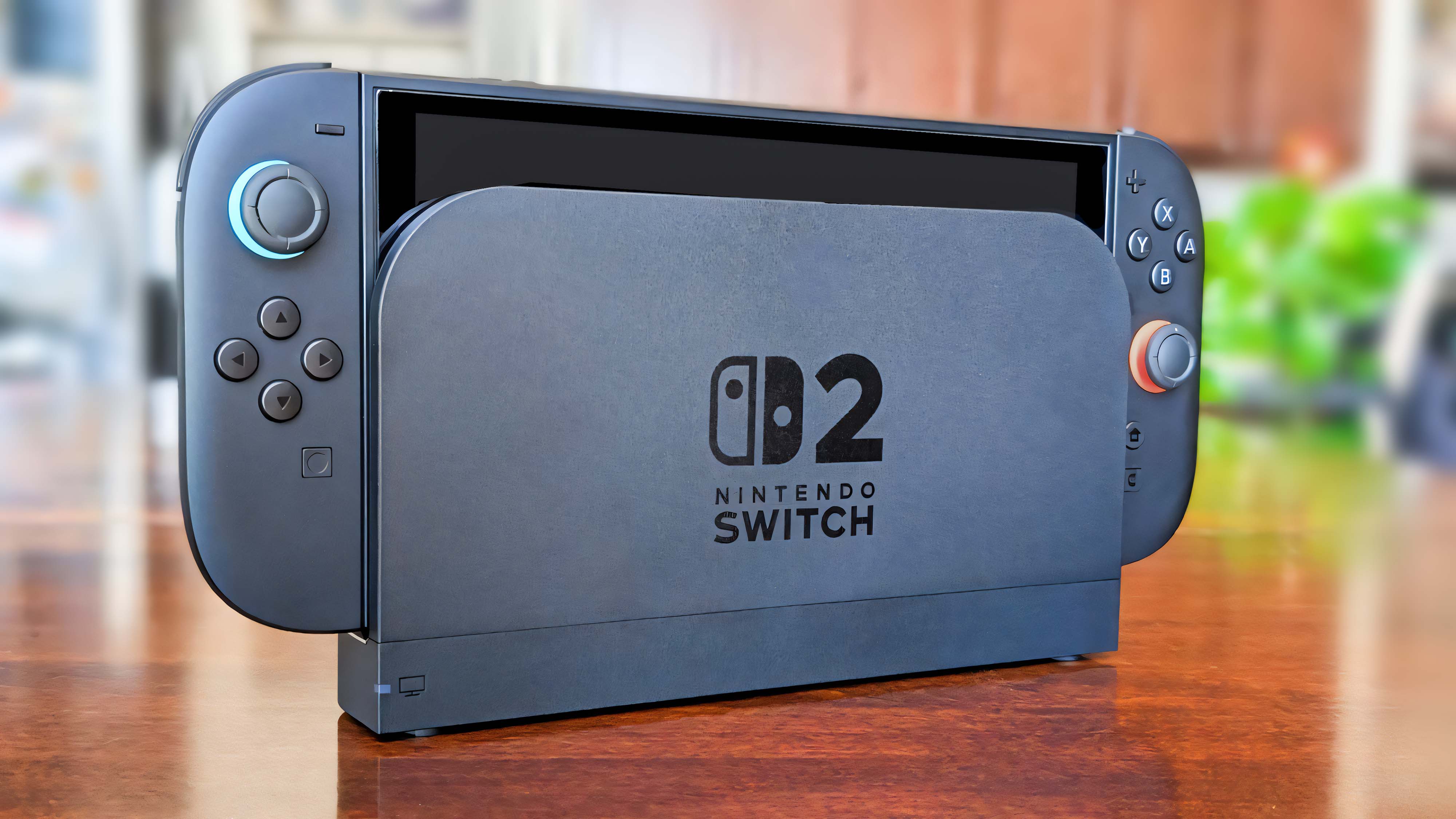 Nintendo Switch 2 in its dock on a wooden table.
