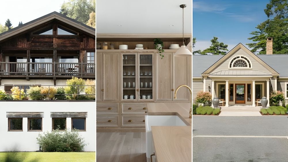 A large cabin-style home viewed from across a lawn / kitchen with wooden cabinets and white hood and range cooker / Exterior of a large home with a big driveway