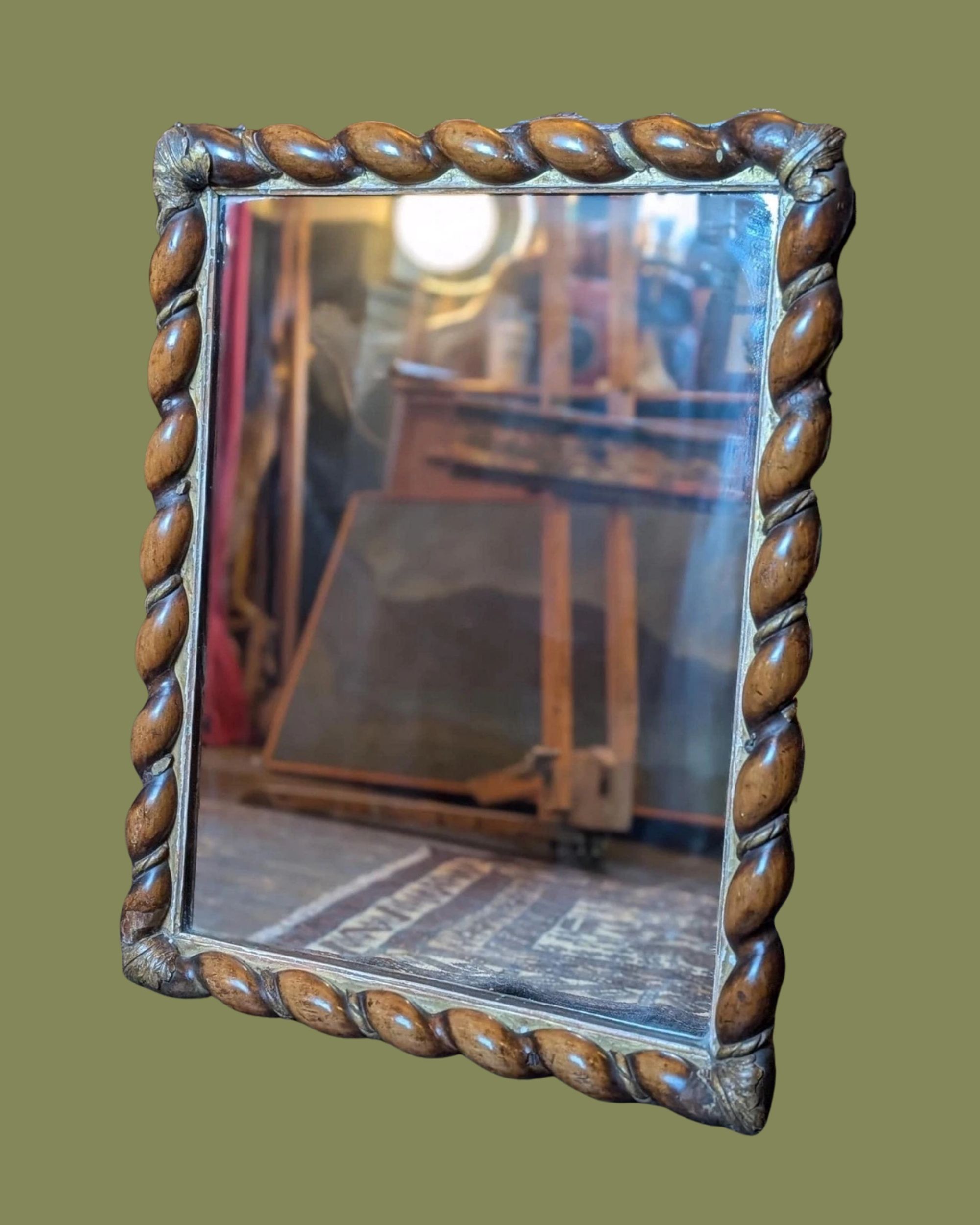 Na, Antique Barley Twist Wall Mirror - Carved Wooden Frame - 68 X 53 Cm