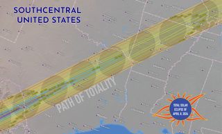 map showing the path of totality for the April 8 total solar eclipse across southcentral U.S.