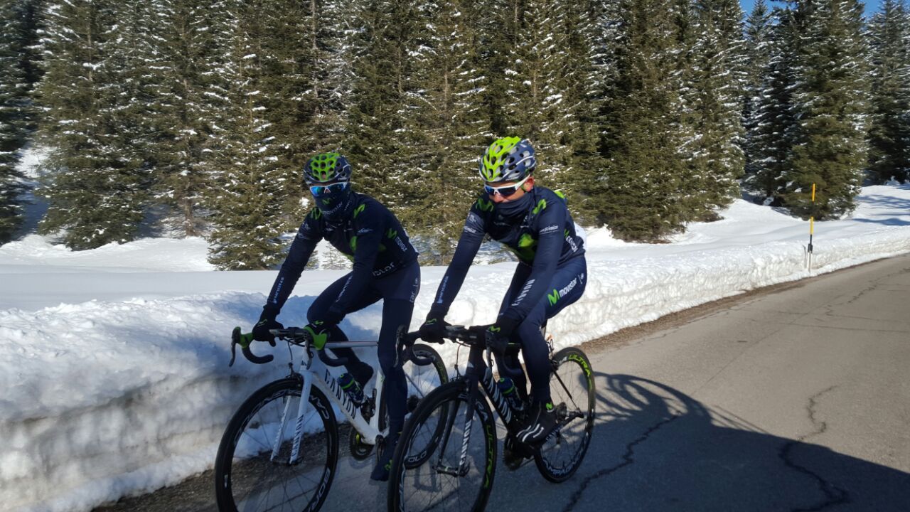 Alejandro Valverde and Andrey Amador (Movistar) preview the route for stage 14 of the Giro d'Italia