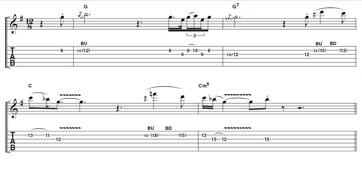 Example 2: developing the lead. An alternative take to Example 1, this keeps the minimalist feel, but adds a couple of slightly more animated moments. The use of space is at least as important as the notes that feature in between.