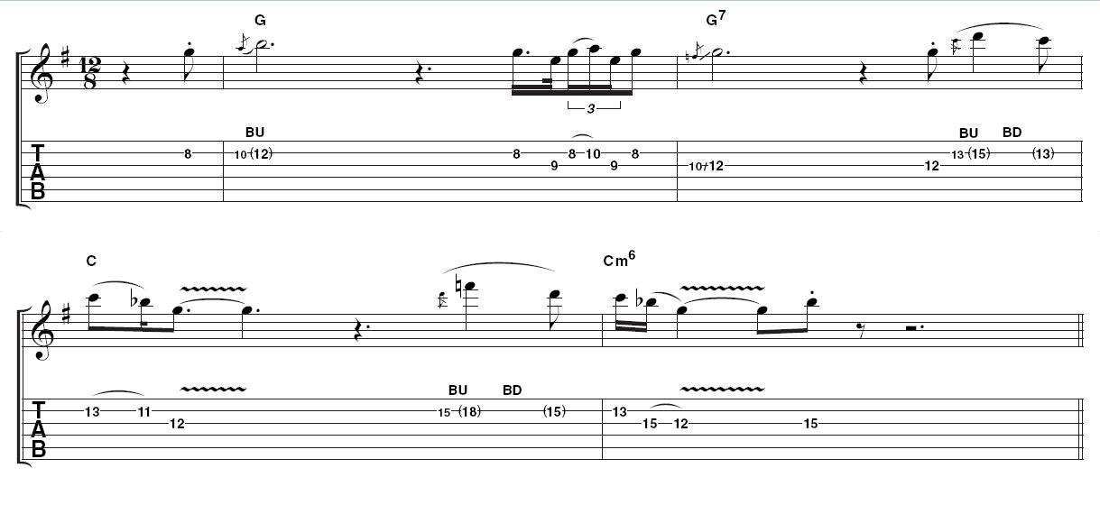 Example 2: developing the lead. An alternative take to Example 1, this keeps the minimalist feel, but adds a couple of slightly more animated moments. The use of space is at least as important as the notes that feature in between.