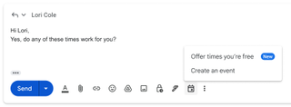 Gmail new features "Create an event" & "Offer times you're free" in action