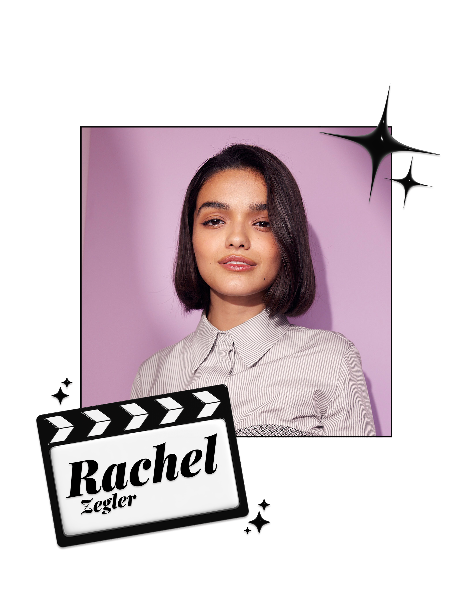 Rachel Zegler in front of a purple wall