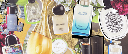 A collage of different glass fragrance bottles on an animated background with plants, flowers, and colors