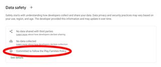 A screenshot of a Google Play Store listing showing that the app in question follows Google Play Families Policies