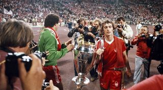 Peter Shilton and Trevor Francis hold the European Cup after Nottingham Forest's win in the 1979 final against Malmo.