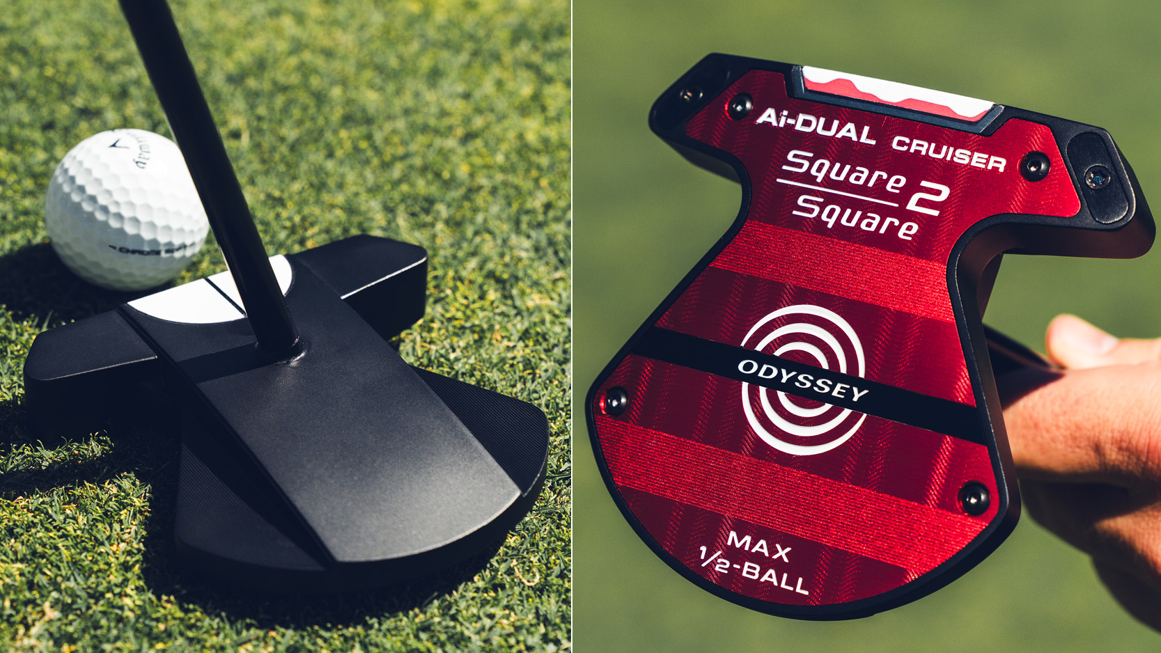 An Odyssey putter behind the ball and the sole of it