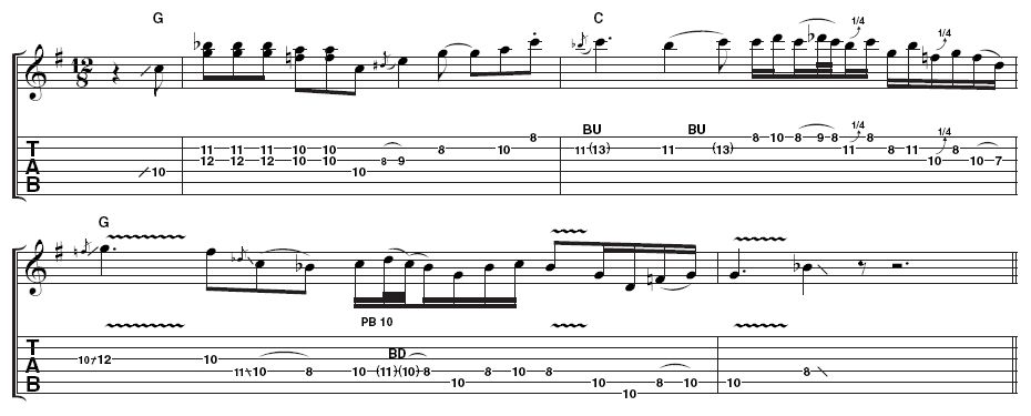 Example 3: Using doublestops and some quicker phrasing, this example also features a tricky bend on the fourth string, something Stevie did often. The flow of ideas is pretty constant with only the occasional pause, in this case at the end of bar 4.