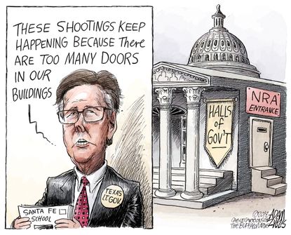 Political cartoon US Sante Fe school shooting Dan Patrick gun control NRA government inaction