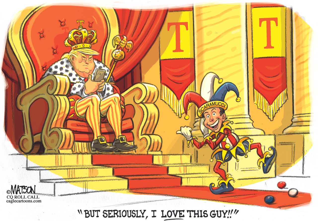 Political cartoon U.S. Trump tweets Scaramucci jester