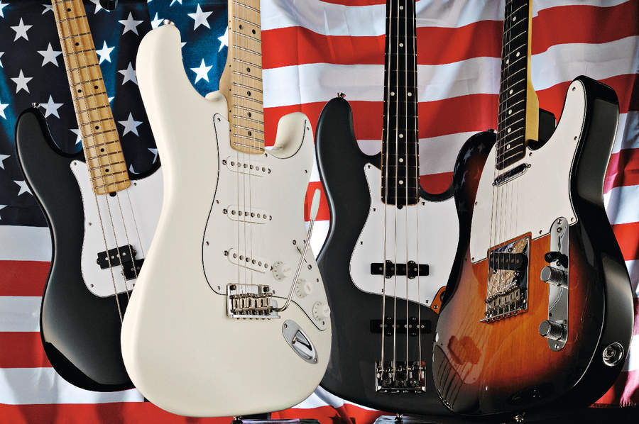 The Jazz Bass (centre right) is part of a new American Standard range that's aiming for simple, quality instruments