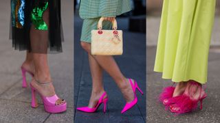 A composite of street style influencers wearing the best shoes for Barbiecore