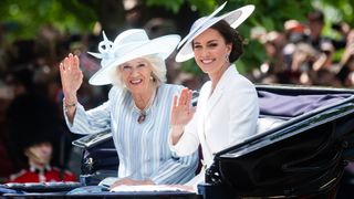 Camilla, Duchess of Cornwall and Catherine, Duchess of Cambridge travel by carriage at Trooping the Colour on June 02, 2022
