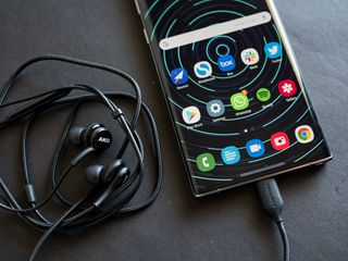 Samsung Galaxy Note 10+ with USB-C earbuds plugged in