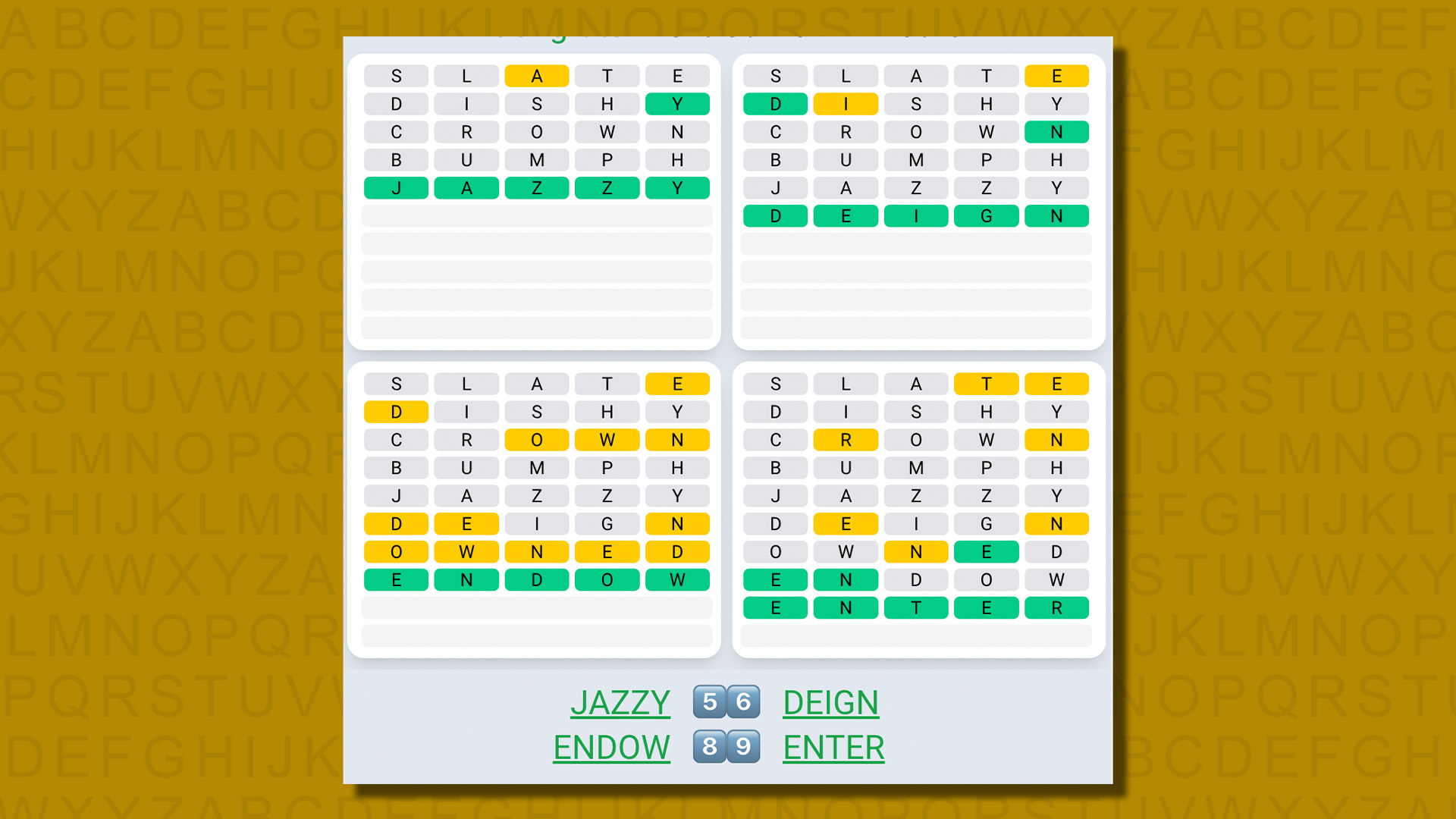 Quordle daily sequence answers for game 583 on a yellow background