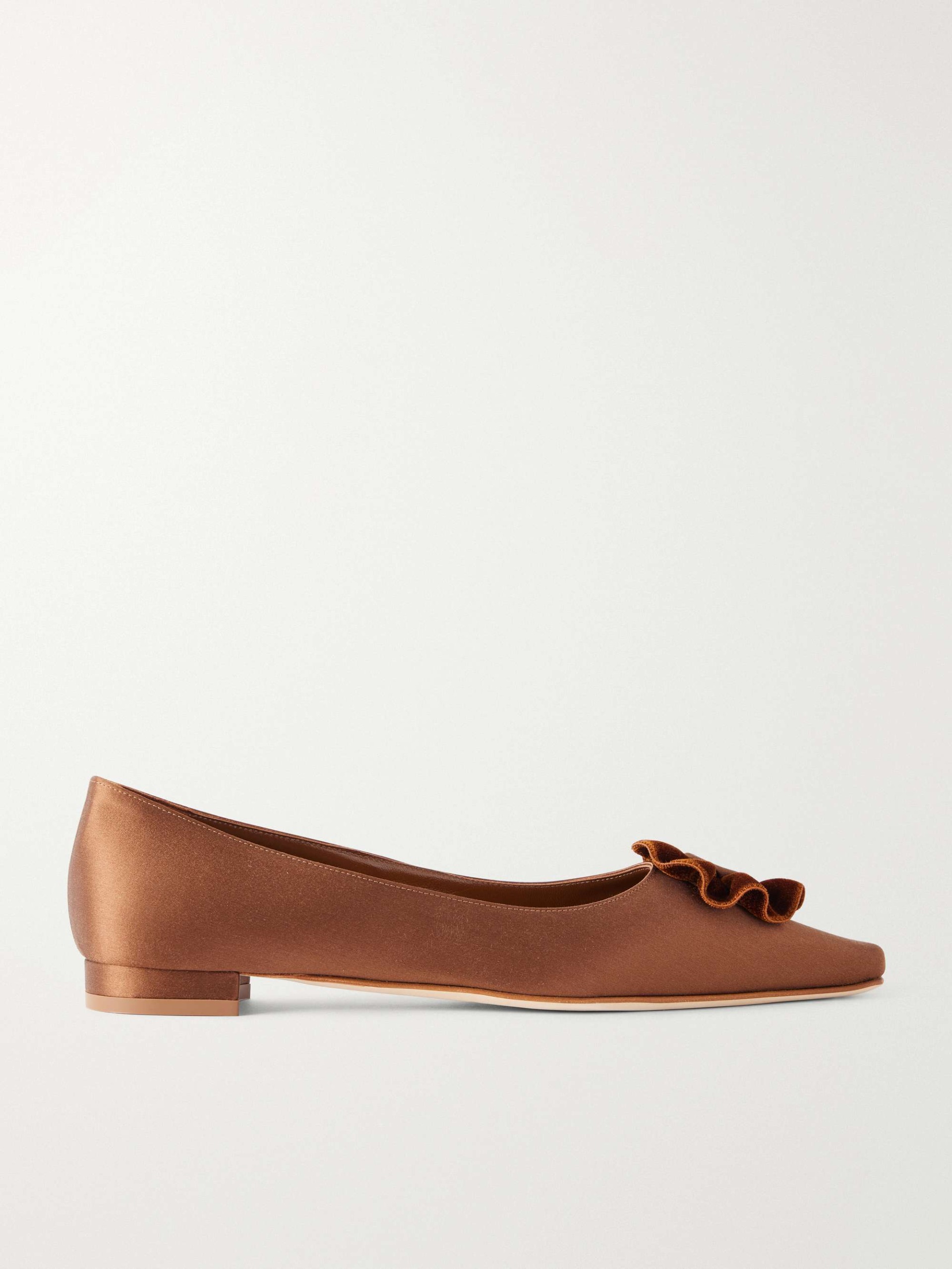 Fortanflat 10 Floral-Appliqu&amp;eacute;d Velvet-Trimmed Satin Flats