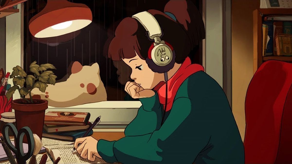 Lofi Girl on Train - Serene HD Anime Wallpaper