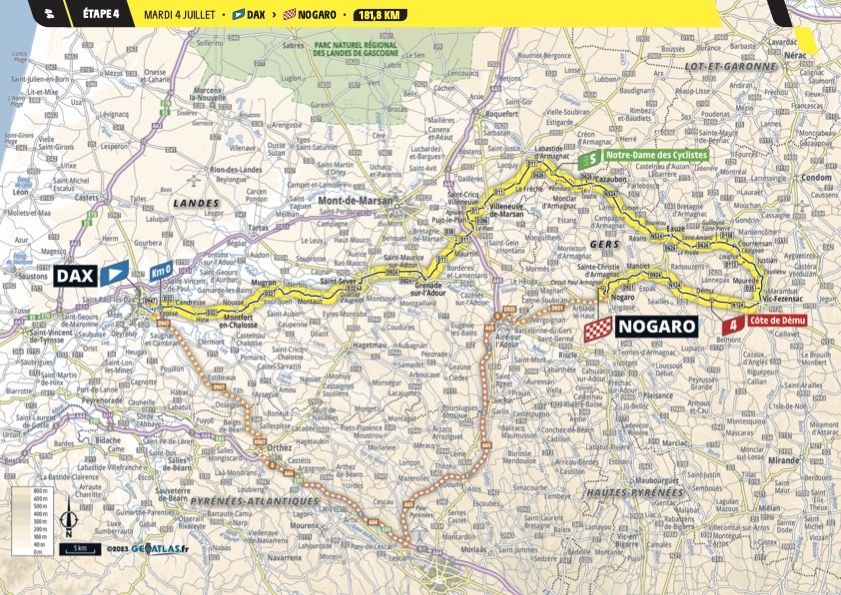The map of stage 4 of the 2023 Tour de France
