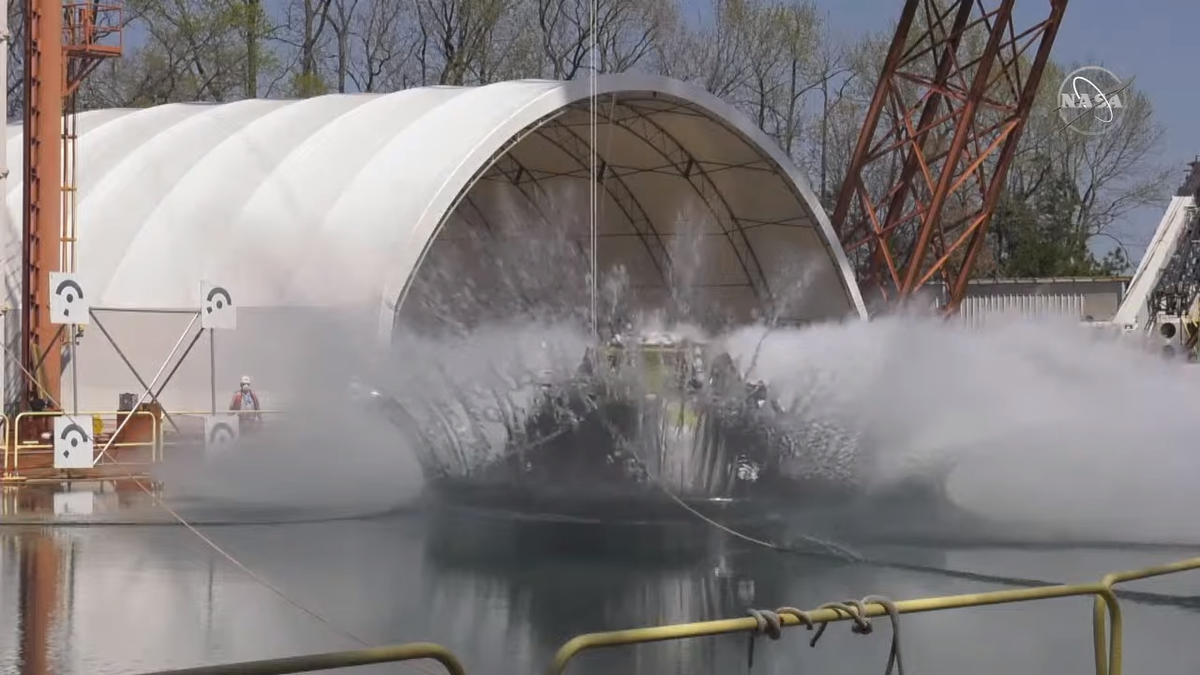 A test version of NASA's Orion spacecraft splashes into the Hydro Impact Basin at NASA's Langley Research Center in Hampton, Virginia, at 2:02 p.m. EDT (1802 GMT) on April 6, 2021.