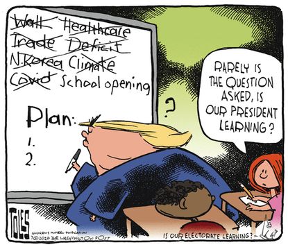 Political Cartoon U.S. Trump learning crises