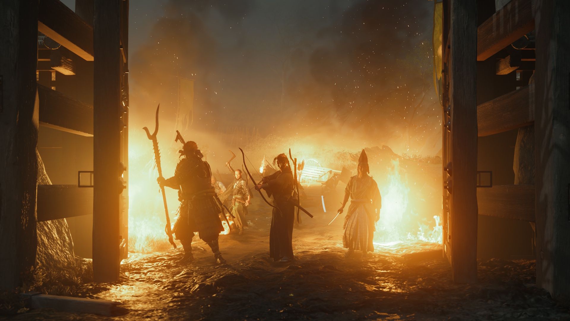 Ghost of Yotei Complete Edition screenshot of several Vipers opening a door with fire behind them