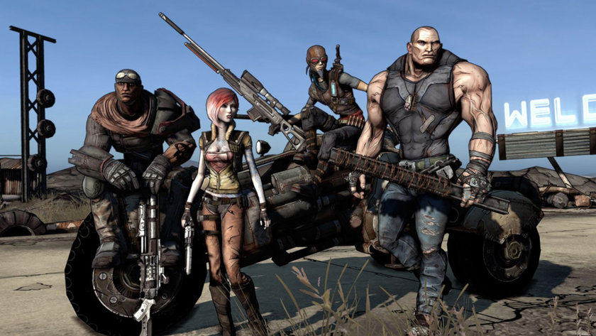 The cast of Borderlands pose next to a primo Catch-a-Ride buggy.