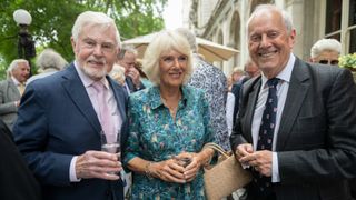Camilla, Duchess of Cornwall with Derek Jacobi (L) and Gyles Brandreth (R) as the Duchess celebrates her 75th birthday at a lunch
