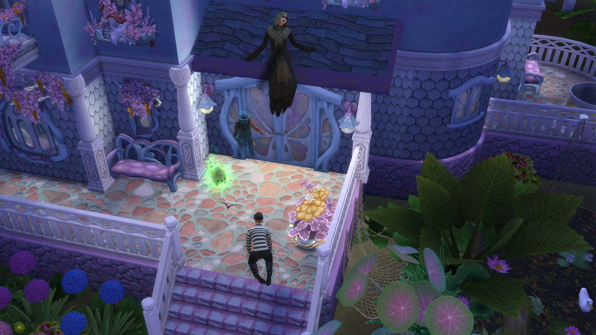 The Sims 4 Enchanted by Nature screenshot of a vampire Sim fighting a burglar and hovering in the air while a phantom and ghost watch from by the front door