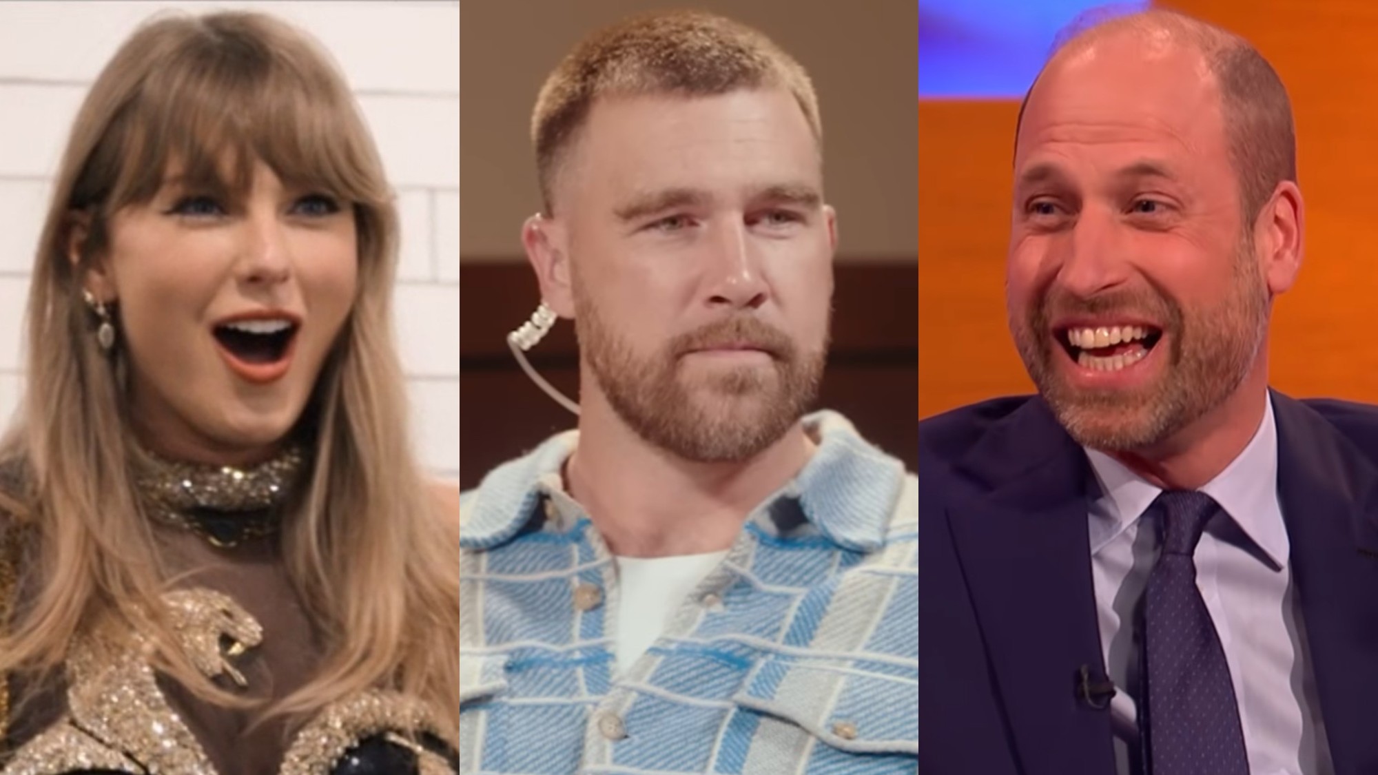 From left to right: Taylor Swift looking shocked in The End of an Era, Travis Kelce on New Heights and Prince William laughing on The Graham Norton Show.