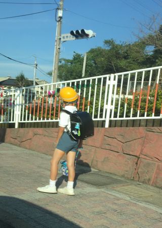 A student walks to school on Sakurajima Peninsula wearing a hard hat, as many do, in case volcanic material soars over the town.