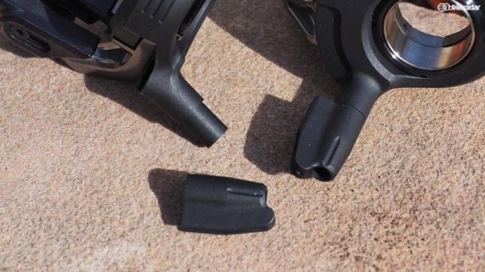 Clever ends on the wire attachment points for the shifters allow you to either feed the wires straight out or folded backward if you're using bars with internal routing
