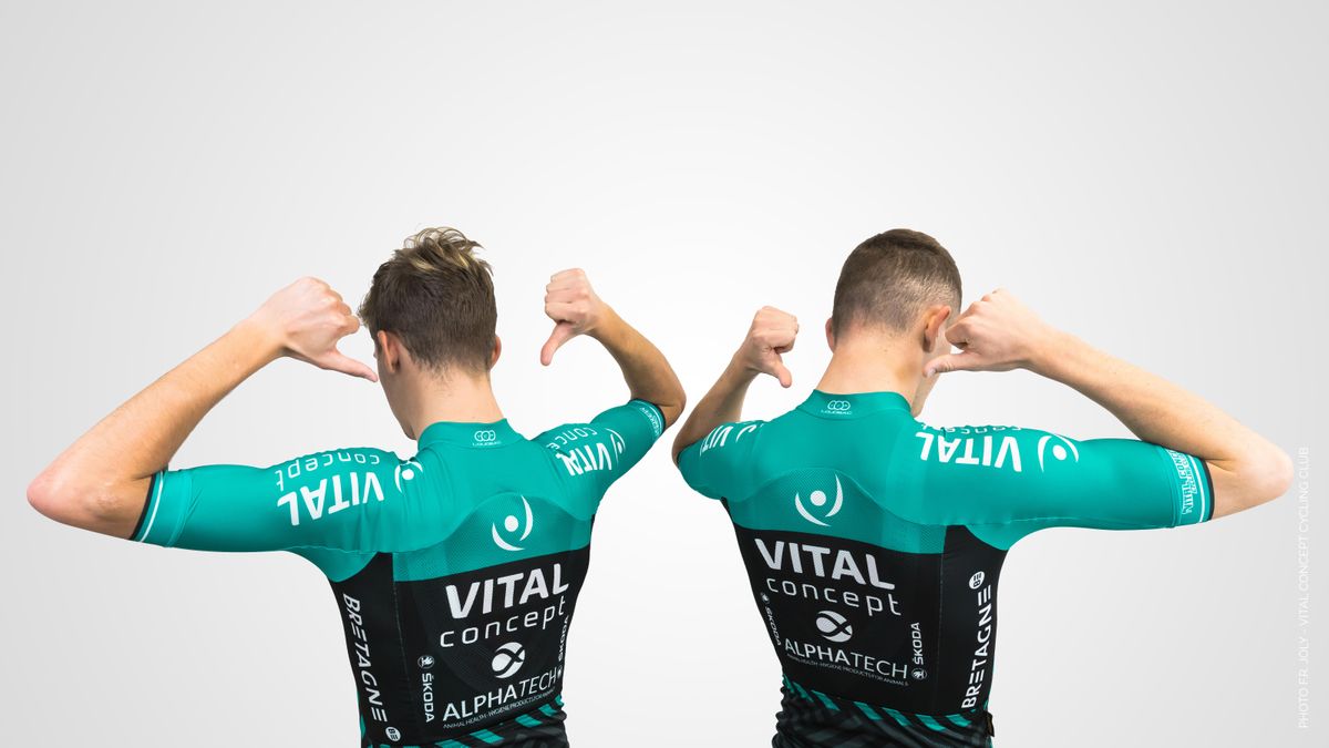 Riders show off the back of the 2018 Vital Concept jersey