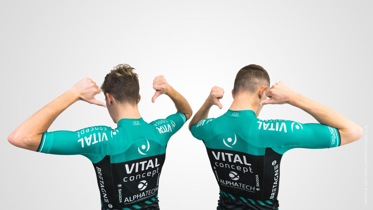 Riders show off the back of the 2018 Vital Concept jersey