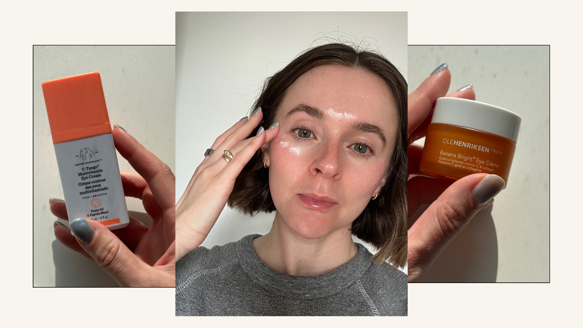 A collage of vitamin c eye creams and a selfie of esthetician and beauty contributor, Grace Day
