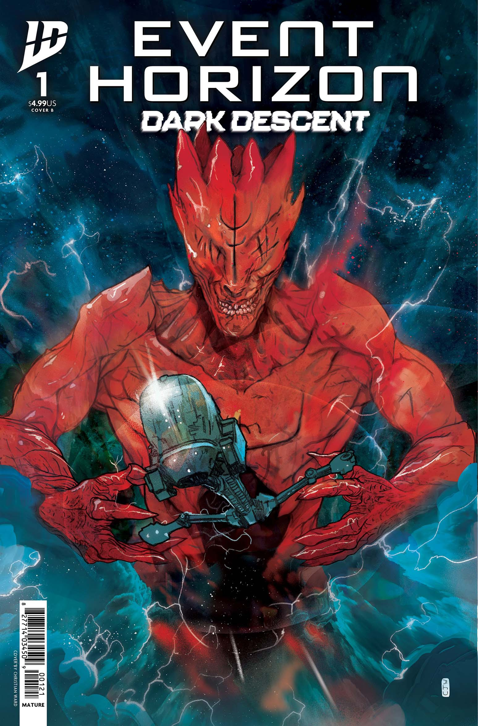 A frightening red cosmic demon holding a spaceship